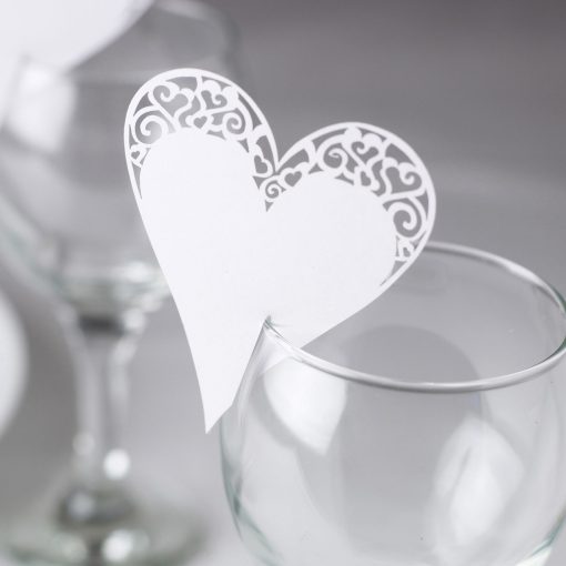 Place Card on Glass Laser Cut White Heart