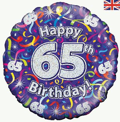 18″ Happy 65th Birthday Streamers Holographic Foil