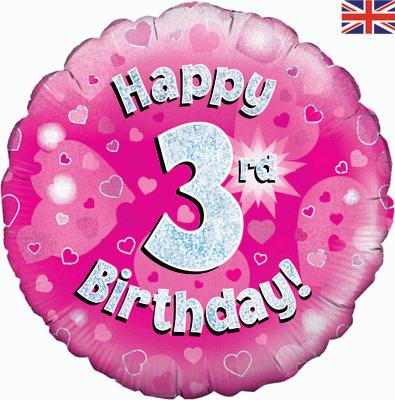 18" Happy 3rd Birthday Pink Foil