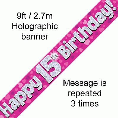15th Birthday Holographic Pink Banner