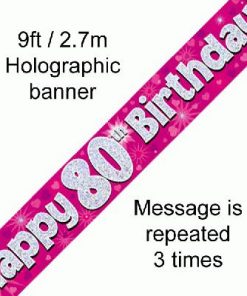 80th Birthday Holographic Pink Banner