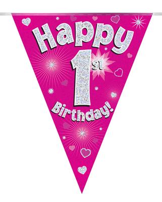 Party Bunting Happy 1st Birthday Pink Holographic 11 flags 3.9m