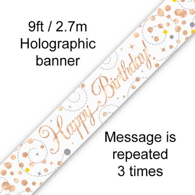 Sparkling Fizz Birthday White & Rose Gold Holographic Banner