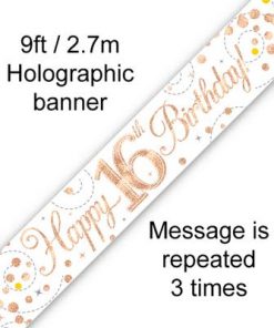 Sparkling Fizz 16th Birthday White & Rose Gold Holographic Banner