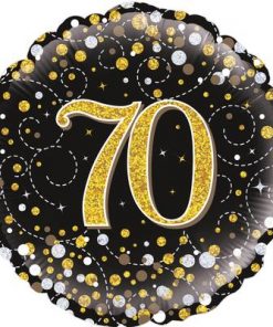 70th Sparkling Fizz Birthday Black and Gold Holographic