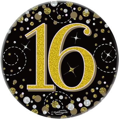 Oaktree 3" Badge 16th Birthday Sparkling Fizz Black Gold Holographic